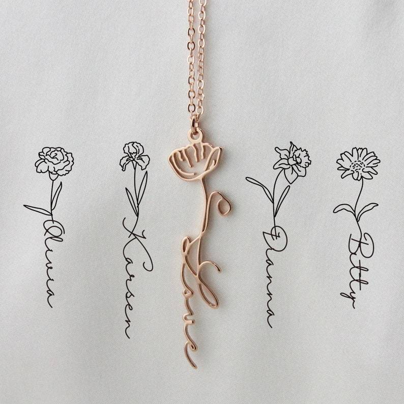 Personalized Birth Flower Necklace with Name Engraving