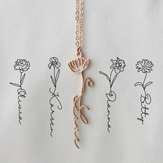 Personalized Birth Flower Necklace with Name Engraving