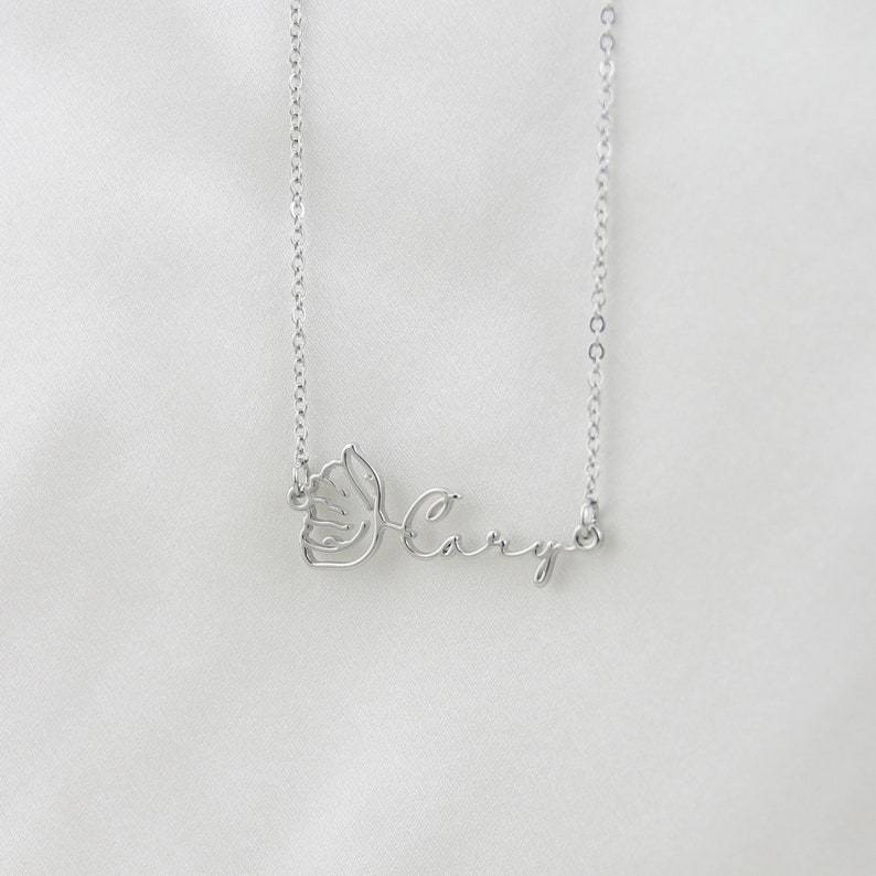 Personalized Birth Flower Bar Necklace with Name Engraving
