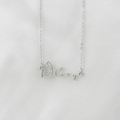 Personalized Birth Flower Bar Necklace with Name Engraving
