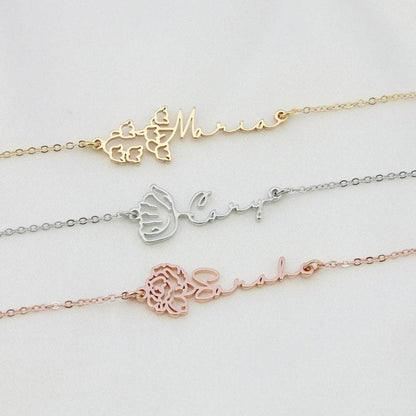 Personalized Birth Flower Bar Necklace with Name Engraving