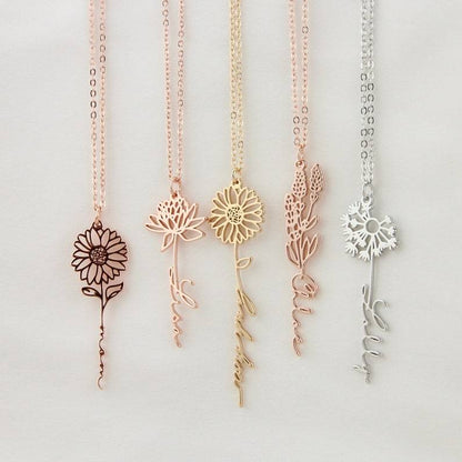 Personalized Birth Flower Necklace with Name Engraving