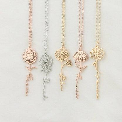 Personalized Birth Flower Necklace with Name Engraving