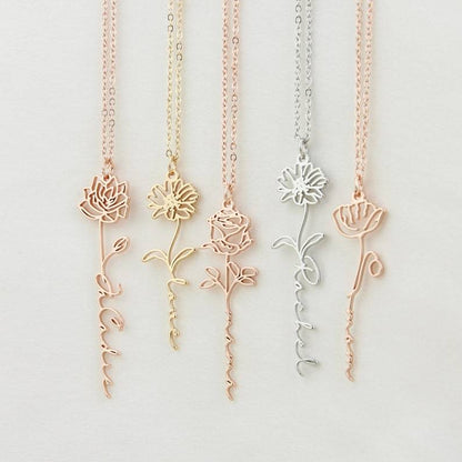 Personalized Birth Flower Necklace with Name Engraving