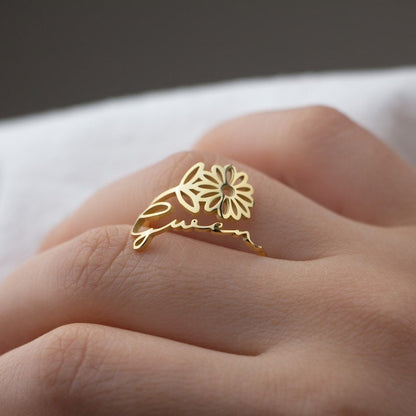 Personalized Birth Flower Ring with Name Engraving