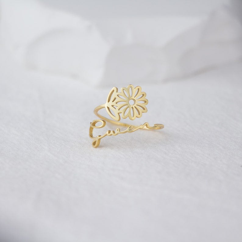 Personalized Birth Flower Ring with Name Engraving