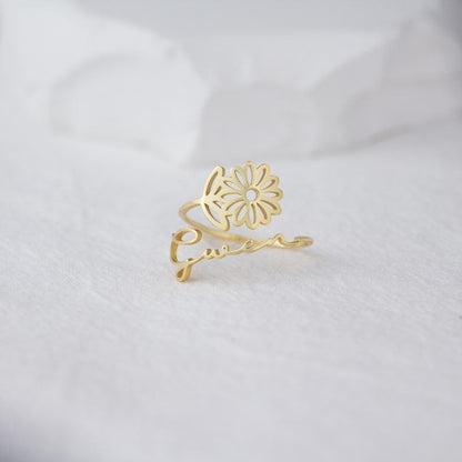 Personalized Birth Flower Ring with Name Engraving