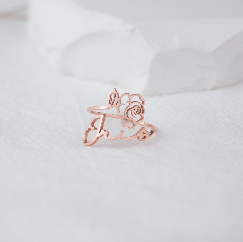 Personalized Birth Flower Ring with Name Engraving