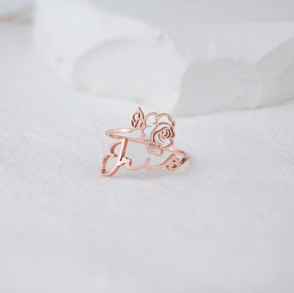 Personalized Birth Flower Ring with Name Engraving