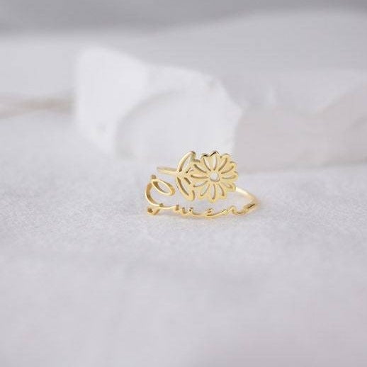 Personalized Birth Flower Ring with Name Engraving