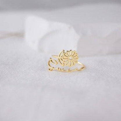 Personalized Birth Flower Ring with Name Engraving