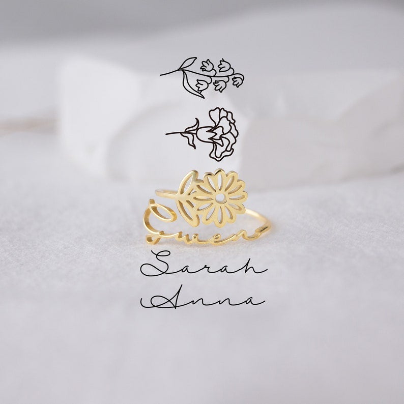 Personalized Birth Flower Ring with Name Engraving