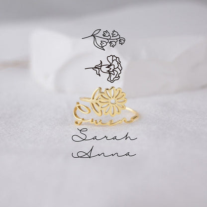 Personalized Birth Flower Ring with Name Engraving