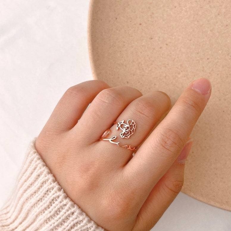 Personalized Birth Flower Ring with Name Engraving