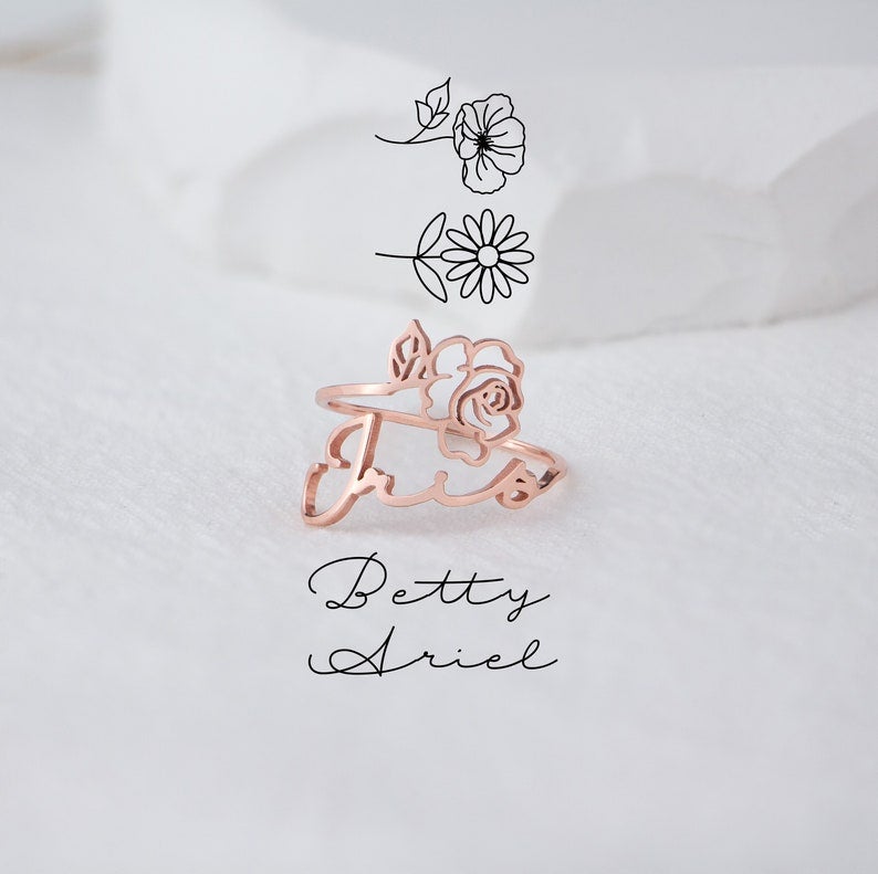 Personalized Birth Flower Ring with Name Engraving